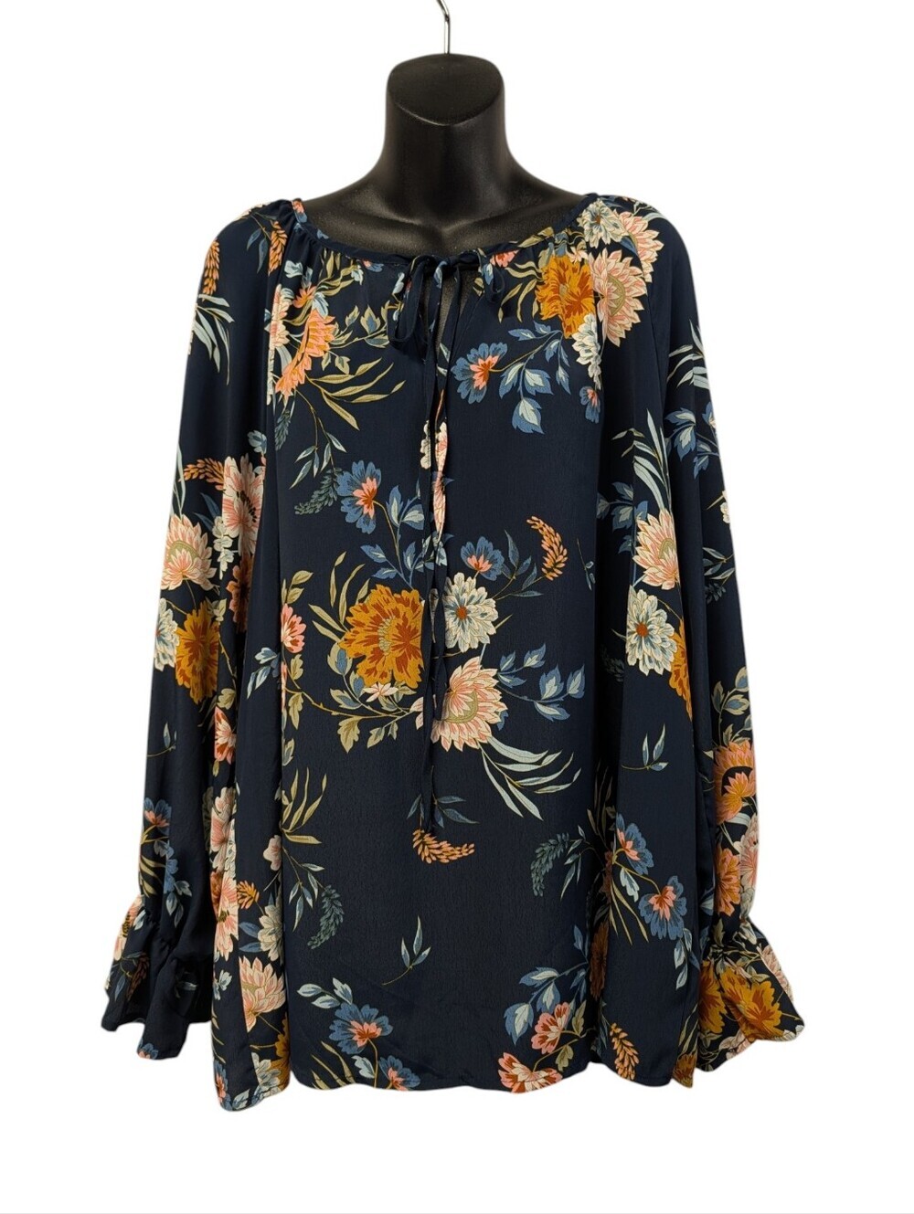 BloomChic Boho Floral Keyhole Tie Neck Blouse Long Ruffle Sleeve Top Plus 14 16